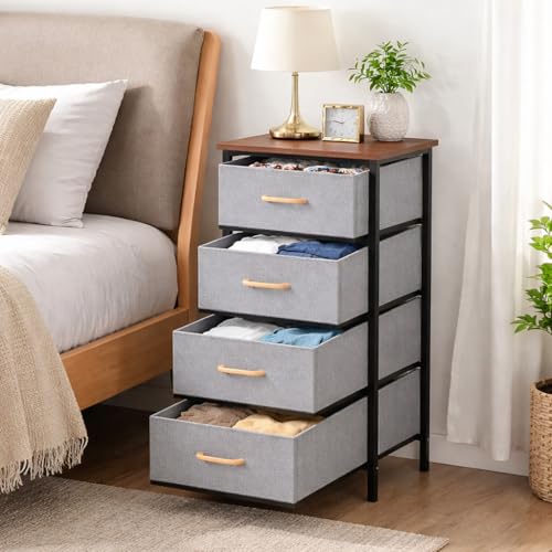 Image of Raawan 4 Layer Drawer Fabric Storage Organizer with Wooden Top and Metal Frame, Modern Dresser Storage Unit for Bedroom, Living Room, Office, Kids Room & Closet, Grey (4 Layer.)