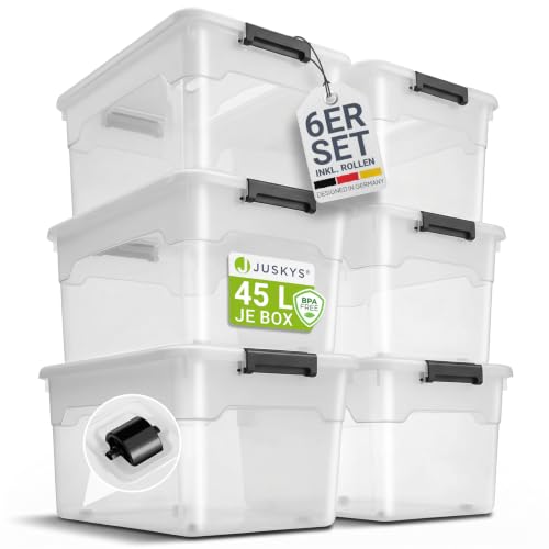 Juskys Aufbewahrungsbox mit Deckel - 6er Set Kunststoff Boxen 45l - Box groß, stapelbar, transparent - Aufbewahrung Ordnungssystem Aufbewahrungsboxen