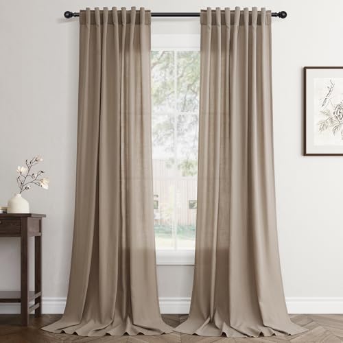 Jowels Cortinas de lino gris pardo oscuro de 90 pulgadas de largo, juego de 2 paneles de cortinas modernas para sala de estar, cortinas semitransparentes para filtrar la luz, bolsillo para cortinero