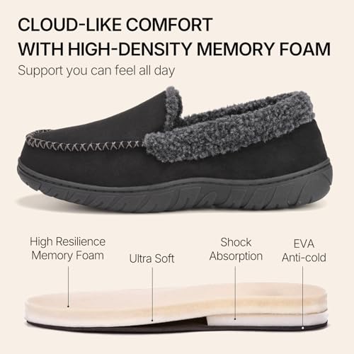 Image of Men's Moccasin House Slippers Memory Foam Suede Plush Indoor Bedroom Shoes | Fuzzy Non-Slip Warm Winter Comfy Cowboy Slippers for Indoor Outdoor Home Dad Husband Grandpa Gifts Black Brown Grey