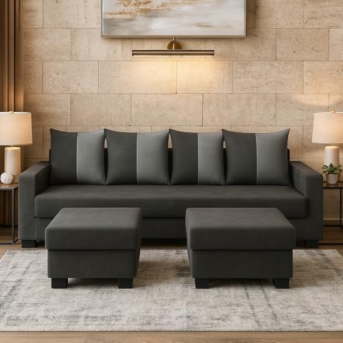 Image of SOCOZI Braviza 6 Seater L Shape Sofa Set with 2 Movable Ottomans | Flexible Layout | Soft Velvet Suede Fabric | Modern Design | Plush Comfort Cushions for Living Room (Dark Grey-Light Grey)