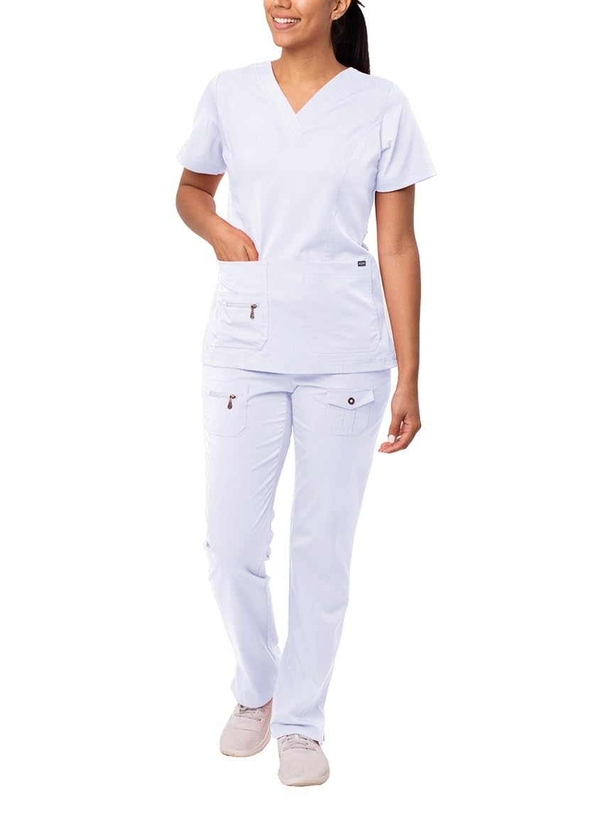 Adar Medizinische Uniform für Damen - V-Ausschnitt Top/Hose mit vielen Taschen - 4400 - White - M