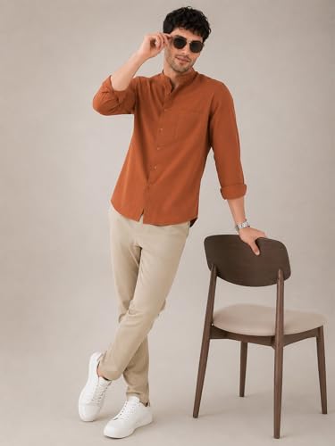 Image of Veirdo Men's Stylish Solid Casual Shirt | Chinese Collar Pure Cotton | Available in Black, Brown, Rust, Olive, White & Navy | Sizes S to XXL