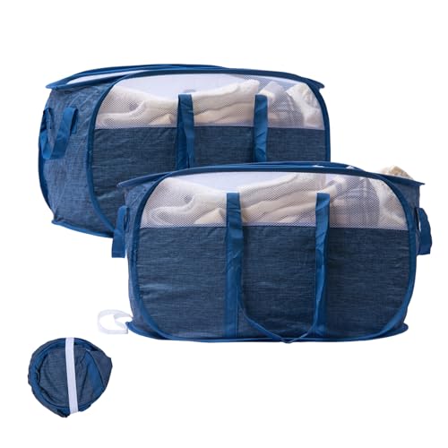 HEDONLEE 洗濯カゴ 洗濯かご 折りたたみ 破れにくい 横型 ランドリーバスケット 70L 大容量 強化されたハンドル メッシュ ランドリーバッグ ランドリーボックス 洗濯籠 洗濯物入れ 収納 超軽量 旅行 持ち運び可能 (ブルー, 新しい横型-2個入)