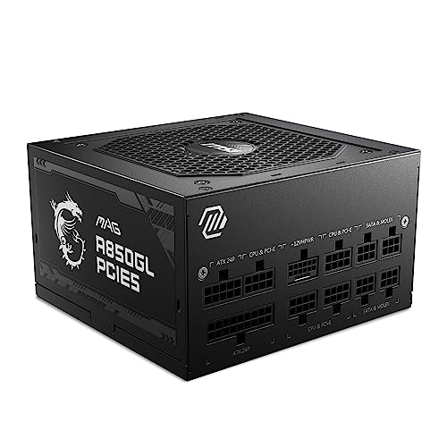 MSI MAG A850GL PCIE5 Power Supply Unit, 850W, 80 Plus Gold, Fully Modular, ATX 3.1, PCIe 5.1 GPU Support, 120mm FDB Fan, Full-Bridge LLC, Flat Black Cables - 7 Year Warranty