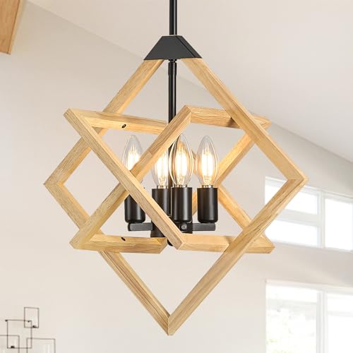Natural Farmhouse Wooden Chandelier 4-Light 18" Rustic Wood Pendant Light
