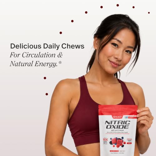 Image of Snap Supplements Nitric Oxide Beet Root Chews, Mixed Berry, 60 Soft Chews | 1,250mg Beet Root Extract per 2 chews CoQ10 & Acai for Cardiovascular, Clean Energy, & Circulation Support, Sugar-Free, Vegan