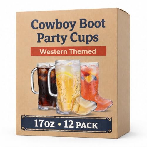 JoyServe Cowboy Boot Cups - (Bulk Pack of 12) 17oz Drink Mugs Reusable BPA-Free Plastic Drinking Mug Cups for Kids Western Themed Rodeo Birthday Party Decorations and Supplies