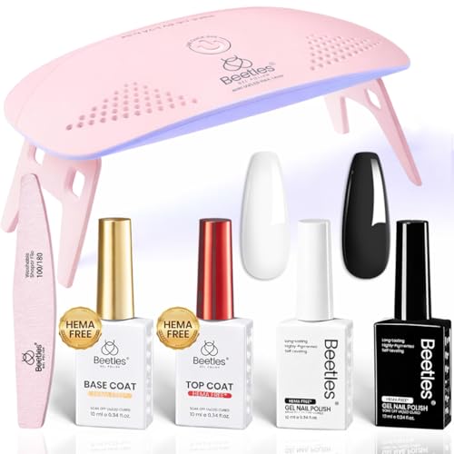 Image of Beetles 2 Colors 10ML HEMA-Free White Black Gel Nail Kit with U V Light, 6 Pcs Gel Polish Set Night and Day DIY Manicure Kit with Base &Top Coat Nail File Soak Off Home Salon Travel Gifts for Women