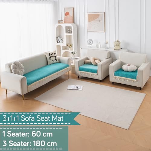 Image of HOKIPO 'Serenity Tassel' Chenille Sofa Cover 5 Seater Set with Tassels - Washable 3+1+1 Sofa Cover Mat | Ocean Teal (IN-890 * 2 + IN-892 - SBL)