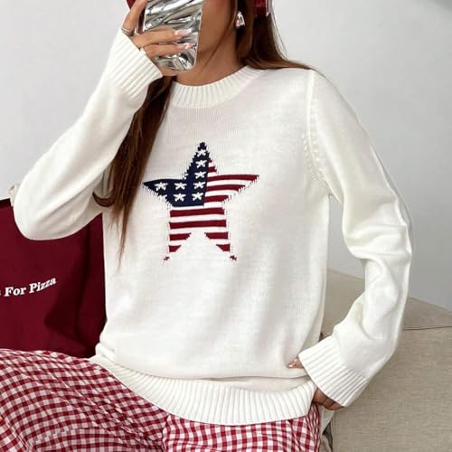 Women's American Flag Star Knit Sweater, Casual Loose Long Sleeve Pullover Sweater2