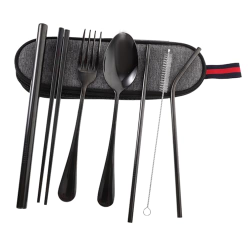 BESPORTBLE Camping Cookware 304 Stainless Steel Straw Set Portable Outdoor Tableware Set Travel Silverware with Storage Bag for Camping Hiking Random Style