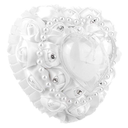 Wedding Ring Pillow, Heart-Shaped Ring Pillow Cushion Box with Ribbon Pearl Wedding Ceremony for Wedding Supplies Gift, 17x16cm - Thumbnail 4