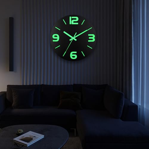 Image of HZDHCLH Wood Wall Clock Glow in The Dark,Luminous Wall Clocks with 3D Numbers,Decorative Wall Clock Battery Operated for Bedroom Kitchen Living Room Office (Black)