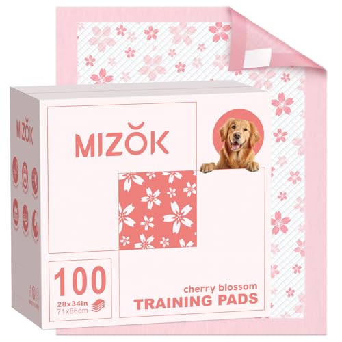 Image of MIZOK 100 Counts Dog Pee Pads Extra Large 28 inchx34 inch, Potty Pads for Big Dog Breeds, Super Absorbent & Leak-Proof, Pink Cherry Blossom Prints, 4-Corner Adhesive Tabs, Thick & Heavy, XL