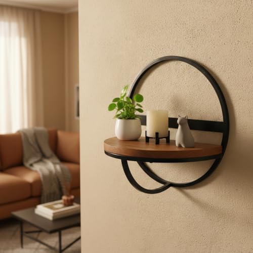 Image of Modern Round Floating Wall Shelf - 13 Inch Black Iron & Wood Decorative Wall Mount Display Rack for Home Decor
