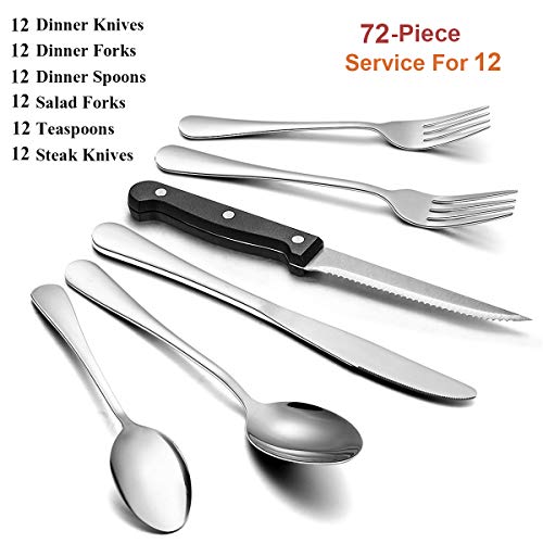 image for Wildone 72-Piece Silverware Set with Steak Knives, Stainless Steel Fla