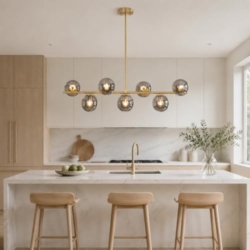 Image of KCO Mid Century Modern 7 Light Brass Gold Linear Sputnik Chandelier | 31.5 inch Rod for Sloped Ceiling 7W 3000K E26 Bulb Included, Smoke Gray Glass Globe Pendant Light Fixture for Kitchen Dining Room