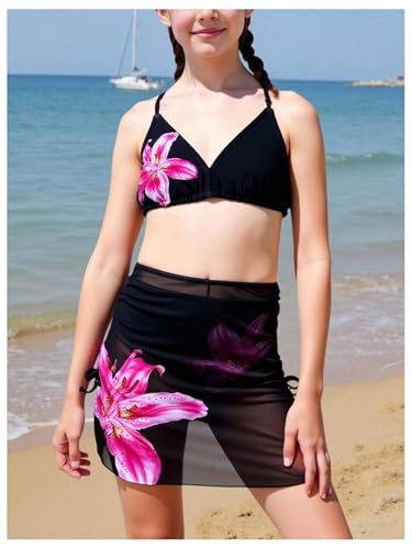 Image of RoseSeek Girl's 3 Piece Cute Bowknot Bathing Suit Halter Triangle High Waisted Swimsuit with Beach Cover Up Skirt