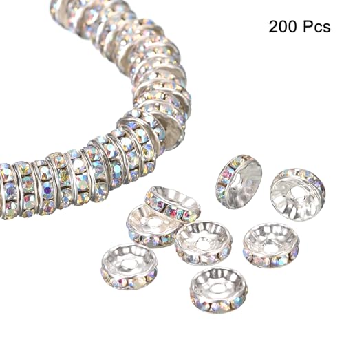 uxcell 200Pcs 8mm Rondelle Spacer Beads, Silver Plated Rhinestone Spacer Beads, Round Spacer Loose Beads for DIY Bracelet Necklace Jewelry Making Supplies, AB White by uxcell - Image 3