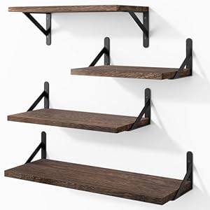 YGEOMER Floating Shelves for Wall, Different Sizes Dark Carbonized Brown Wall Shelves for Living Room, Bathroom, Bedroom, Kitchen, Home Decor (Set of 4)