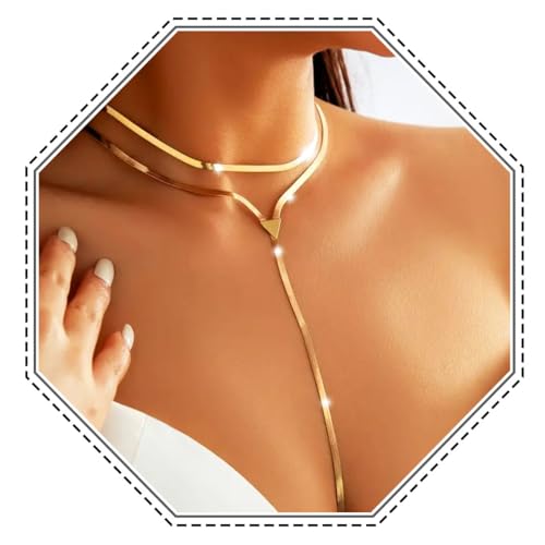 Jovono Gargantilla en forma de Y en capas doradas, collar de espiga con cadena larga de serpiente, accesorios para mujer, /