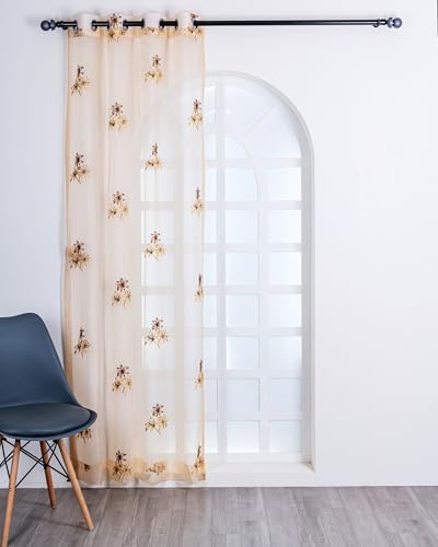 Image of 7 ft Embroidered Tissue Fabric Curtains for Long Windows, Decorative 3-Flower Floral Pattern, Smooth Grommet Top for Easy Hanging, Brown & Golden, Ideal for Living Room & Bedroom