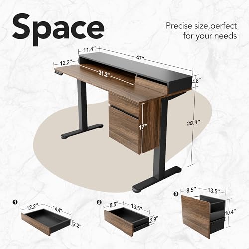 HUANUO Electric Standing Desk with 3 Drawers, 47 Inch Height Adjustable Stand Up Desk with Storage File Drawer, Computer Workstation with Monitor Stand for Home Office, Black Walnut - Image 3