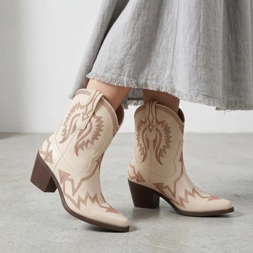 Image of HOCHFART Western Boots for Women Metallic Embroidered Pointed Toe Cowgirl Boots Chunky Heel Pull-On Short Cowboy Boots Wide Calf Country Ankle Boots