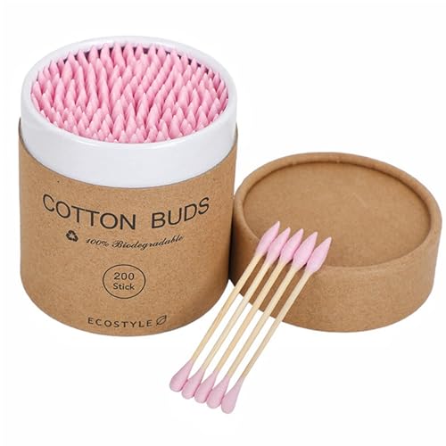 ikappy Bastoncillos de algodón en Caja de 200 Piezas, diseño Puntiagudo y Redondo de Doble Extremo desechable Herramientas de Limpieza de eliminación de Maquillaje de Madera