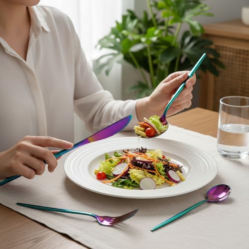 Image of 5 Pcs Rainbow Cutlery Set for Dining Table the Perfect Lightweight Silim Handle Tableware Including Dinner Spoon, Dinner Fork, Dinner Knife, Dessert Spoon & Dessert Fork