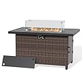 LHBcraft 44 Inch Propane Fire Pit, 50000 BTU Fire Pit Table with Glass Wind Guard and Lid, Gas Fire Pits for Outside Patio and Garden(Brown)