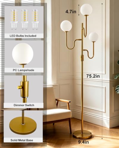 Image of Lightdot 68IN Globe Gold Floor Lamp Dimmable Floor Lamps with 3000K Soft Warm White for Wedding /Party, 3-Arm Mid Century Modern Standing Tall Lamp for Living Room /Bedroom /Sofa Beside /Corner Decor