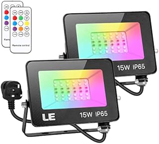 LE 15W RGB Flood Light, Colour Changing LED Garden Light with Remote Control, Dimmable Outdoor Lighting, Waterproof Floodlight with UK Plug, Pack of 2