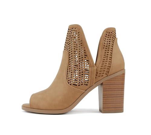 Soda Cathy ~ Women Peep Toe Closed-Back Geometric Cut High Heel Ankle Boots