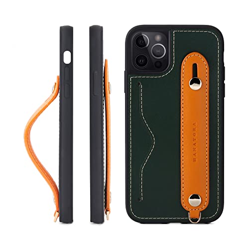 iPhone13 Pro ケース 本革 グリップケース レザー ストラップ付属 イタリア製牛革 ヌメ革 片手操作 カード収納 スタンド機能 メンズ レディース グリーン/オレンジ CGH-13Pro-Green-OG