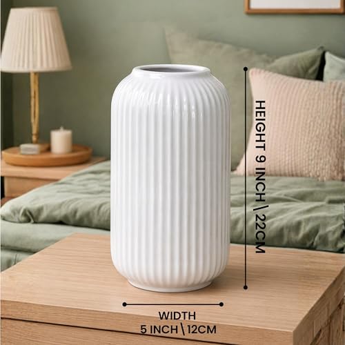 Image of Art Street Decorative Boho Ceramic Vase Premium Shell Ribbed Modern Table Bookshelf Decor Classic Flower Pot for Home, Office, Living Room, Decoration, (White, Size : 5x9 Inch)