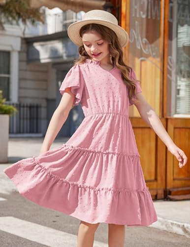 Arshiner Girls Dresses Summer Ruffle Sleeve Swiss Dot V Neck Twirl Birthday Party Midi Dress with Pockets2
