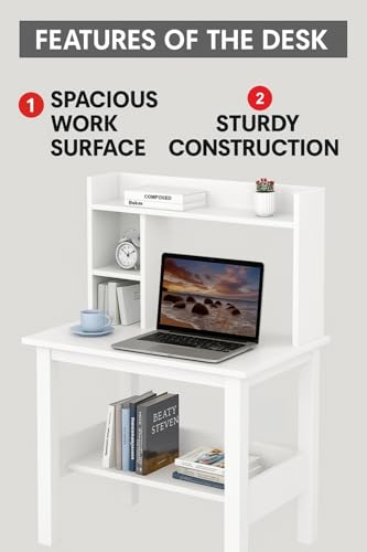 Image of Callas ST-40 Wooden Study Table with Hutch & Bottom Storage - Multi-Purpose Office Desk for Laptop, Computer, Writing & Study - Durable Engineered Wood Workstation for Home & Office (White, ST-40)