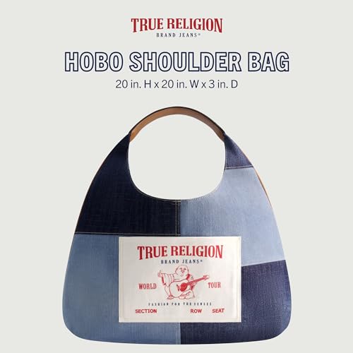 Image of True Religion Women's Shoulder Bag Purse, Patchwork Large Hobo Handbag with Buddha Logo, Denim