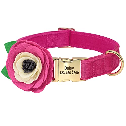 Beirui Soft Velvet Girl Dog Collars with Removable Flower Accessories - Personalized Cute Dog Collar with Custom Name Plate Engraved - Adorable Collar for Small Medium Large Dogs (Hot Pink,S)
