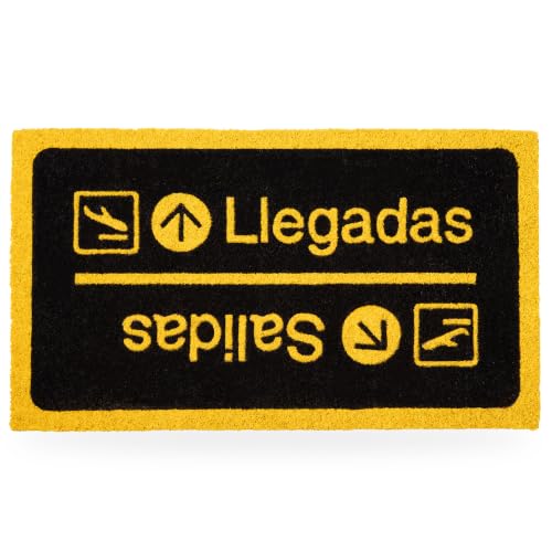Fisura – Felpudo Entrada casa “Llegadas/Salidas” de Coco con Base Antideslizante de PVC. Felpudo Interior Negro y Amarillo Pintado a Mano. Alfombra Entrada casa con Forma Divertida. 70 x 40 cm