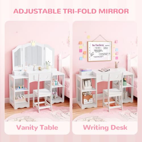 Bonnlo Coiffeuse pour Enfants 2 en 1, Meuble de Maquillage en Bois avec Mirror Amovible et Tabouret à Trois Volets, avec 4pcs Compartiments de Stockage, Coiffeuse Princesse, 104 * 38 * 55cm, Blanc