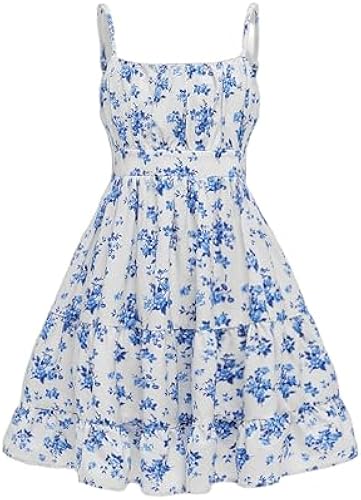 Floerns Girl's Floral Print Sleeveless Ruched Ruffle Hem A Line Cami Short Dress Blue and White 11-12Y