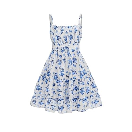 Floerns Girl's Floral Print Sleeveless Ruched Ruffle Hem A Line Cami Short Dress Blue and White 11-12Y