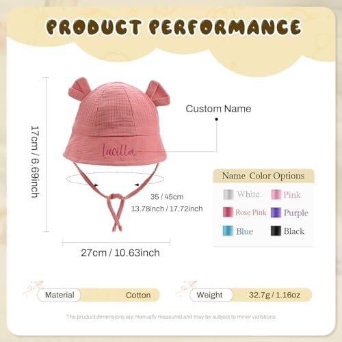 GLOPGEAR Personalized Baby Fisherman Hat- Custom Embroidered Name Cotton Sun Hat with Ear & Chin Straps, Soft Summer Hat for Toddlers (Rose Pink) - 1