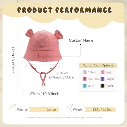 GLOPGEAR Personalized Baby Fisherman Hat- Custom Embroidered Name Cotton Sun Hat with Ear & Chin Straps, Soft Summer Hat for Toddlers (Rose Pink)