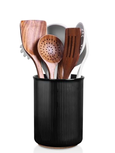 Image of LoeJan Utensil Holder, Extra Large Utensil Crock, Stable Ceramic Utensil Organizer, Cooking Tool Organizer Set for Kitchen Counter Farmhouse Decor (F-6.7 inch Black)