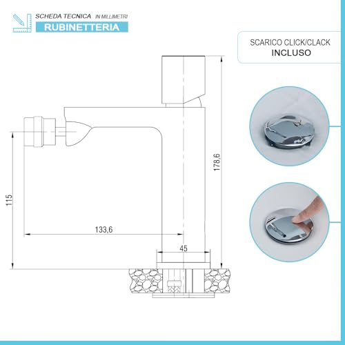 Set Di Rubinetti Lavabo Alto E Bidet In Ottone Cromato Con Manopola Senza Leva E Piletta Universale Click Clack In Acciaio, Lotus - 3