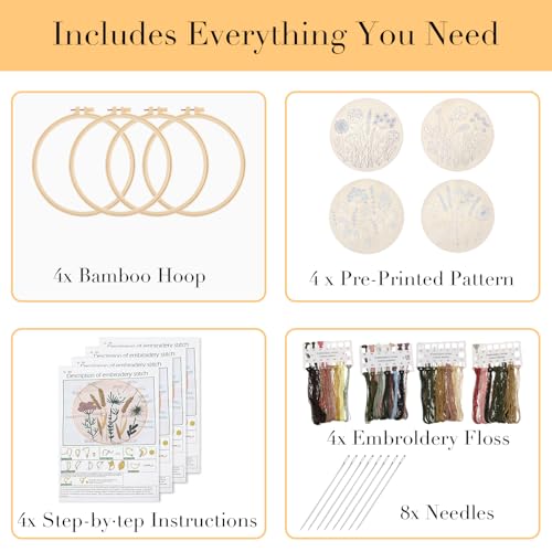 Image of 4 Sets Embroidery Kit for Beginners with Instructions Adults-Cross Stitch Kits for Beginner, Including Printed Embroidery Cloth with flower Patterns, Plastic Embroidery Rings, Colored Threads, Needles